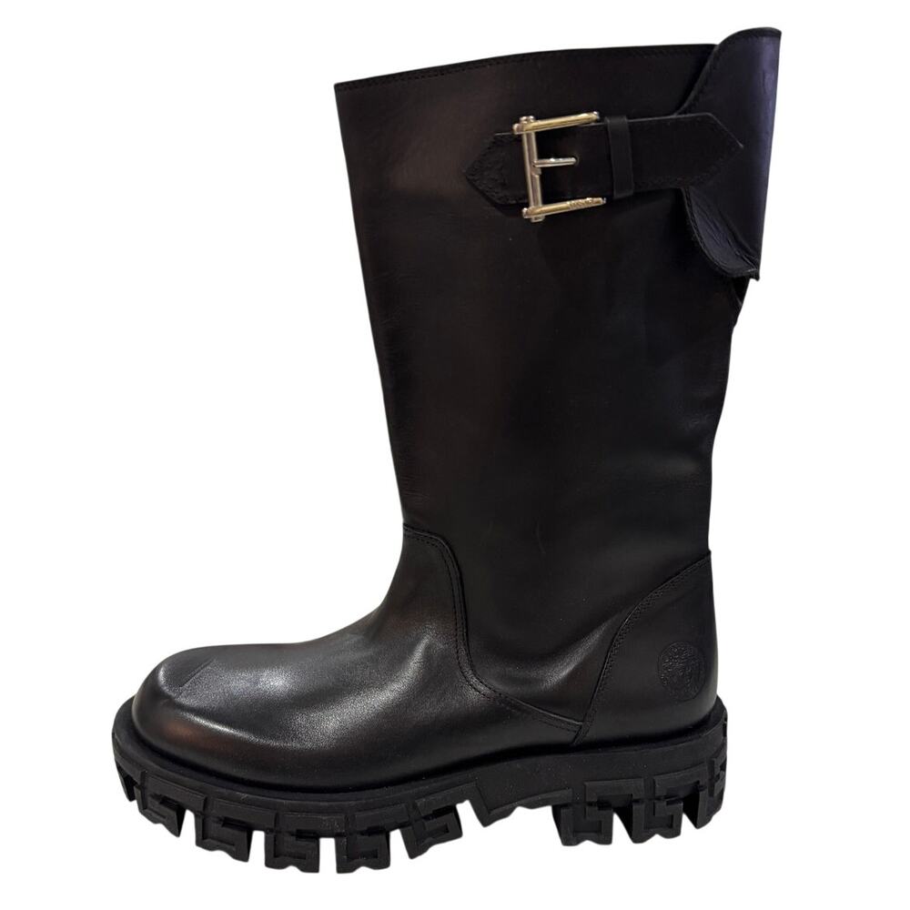 *DS26 VERSACE Men's Leather Motorcycle Boots Black Size IT43/US10